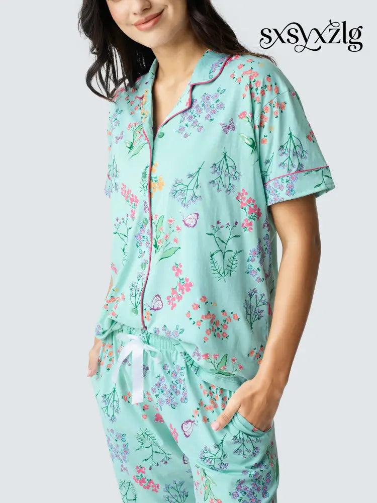 Butterfly High Cotton Knits Collared PJ Set - Collar Pajama
