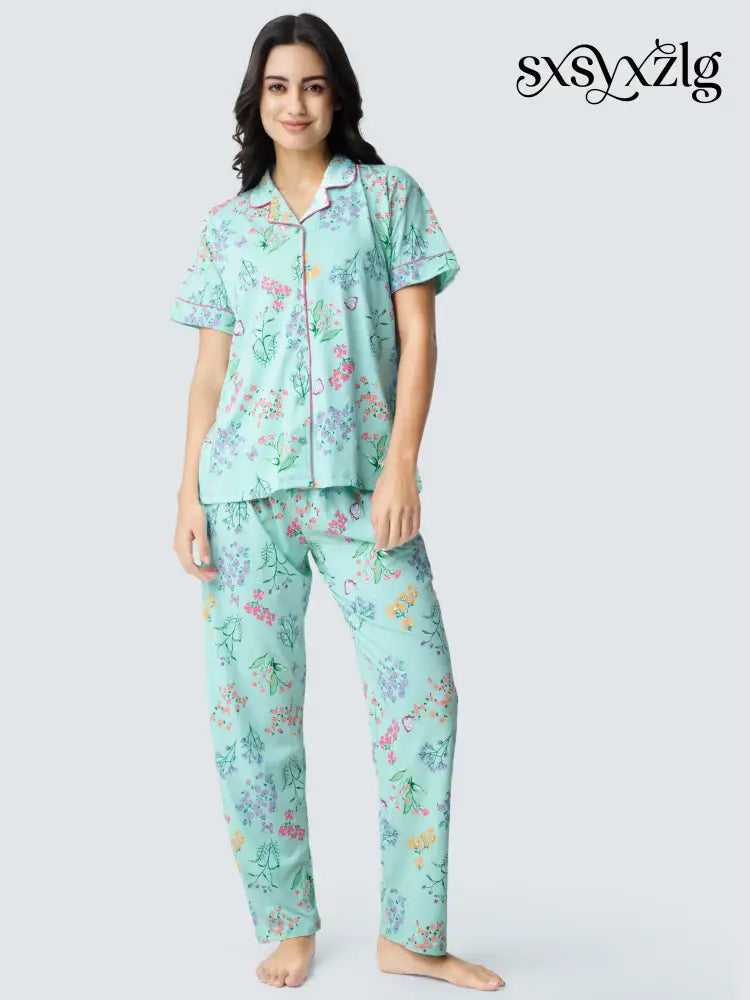 Butterfly High Cotton Knits Collared PJ Set - Collar Pajama