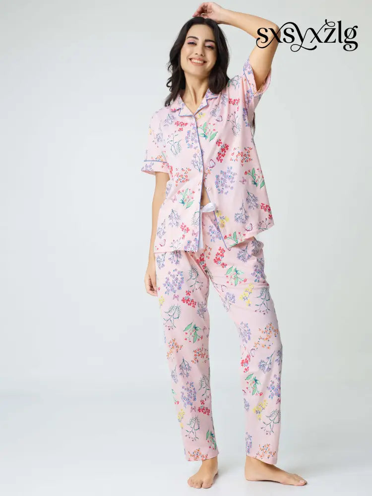 Butterfly High Cotton Knits Collared PJ Set - Collar Pajama