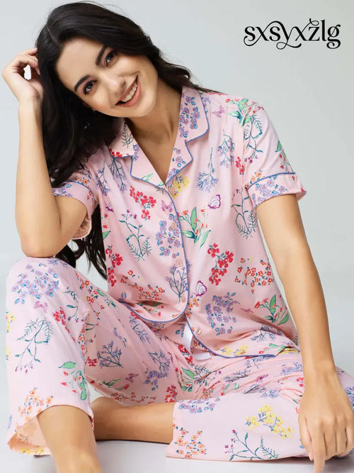 Butterfly High Cotton Knits Collared PJ Set - Collar Pajama