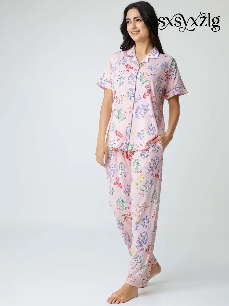 Butterfly High Cotton Knits Collared PJ Set - Collar Pajama