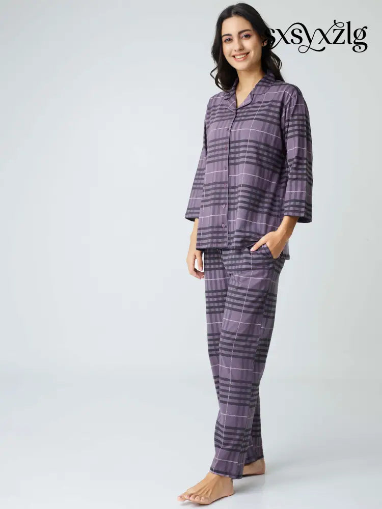 Classic Chex Cotton Knits Collared PJ Set - Collar Pajama