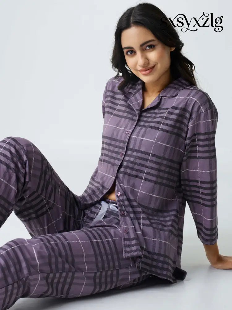 Classic Chex Cotton Knits Collared PJ Set - Collar Pajama