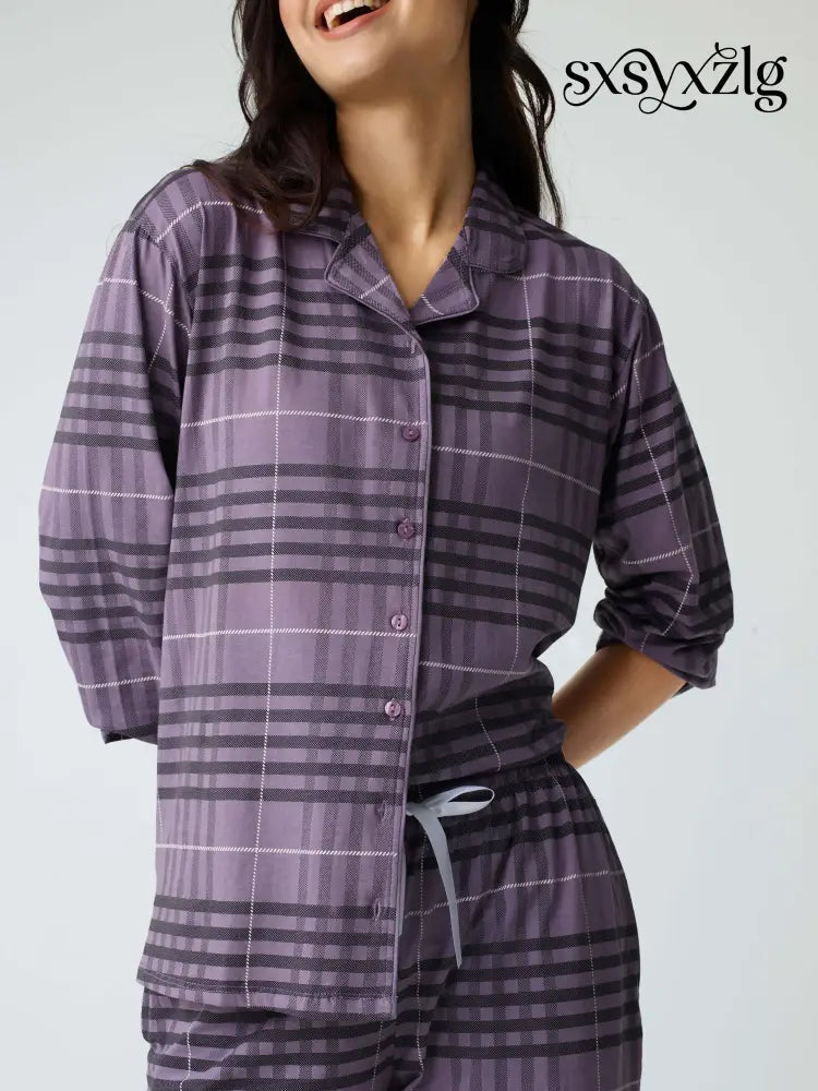 Classic Chex Cotton Knits Collared PJ Set - Collar Pajama