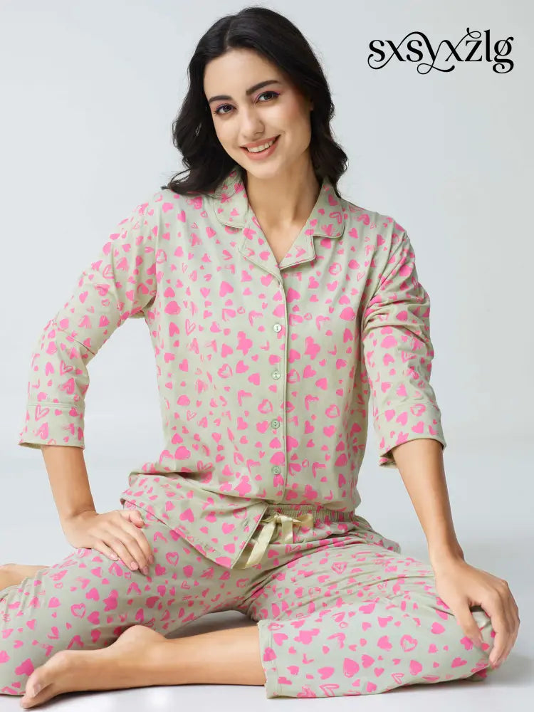 Dream away Cotton Knits Collared PJ Set - Collar Pajama