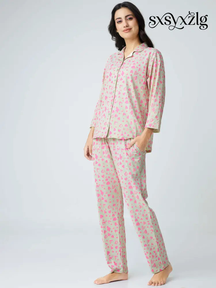 Dream away Cotton Knits Collared PJ Set - Collar Pajama