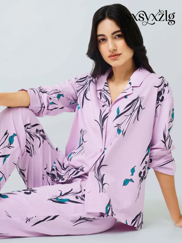 Orchids Cotton Knits Collared PJ Set - Collar Pajama