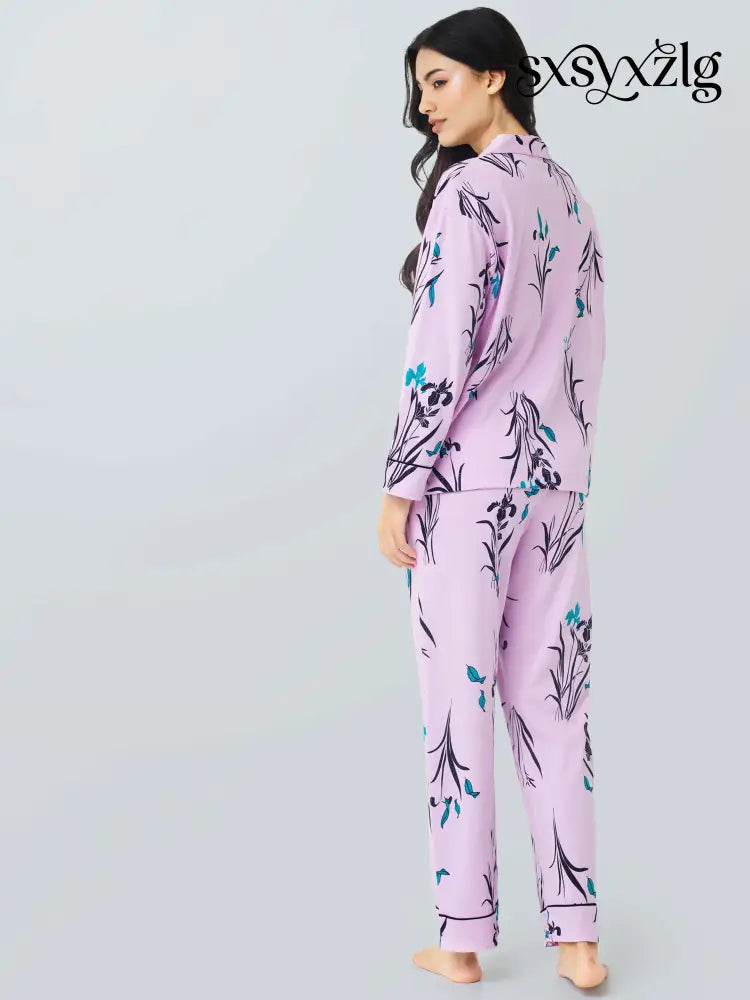 Orchids Cotton Knits Collared PJ Set - Collar Pajama