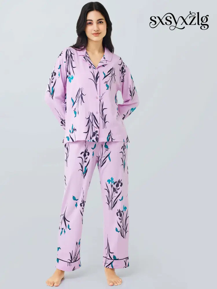 Orchids Cotton Knits Collared PJ Set - Collar Pajama
