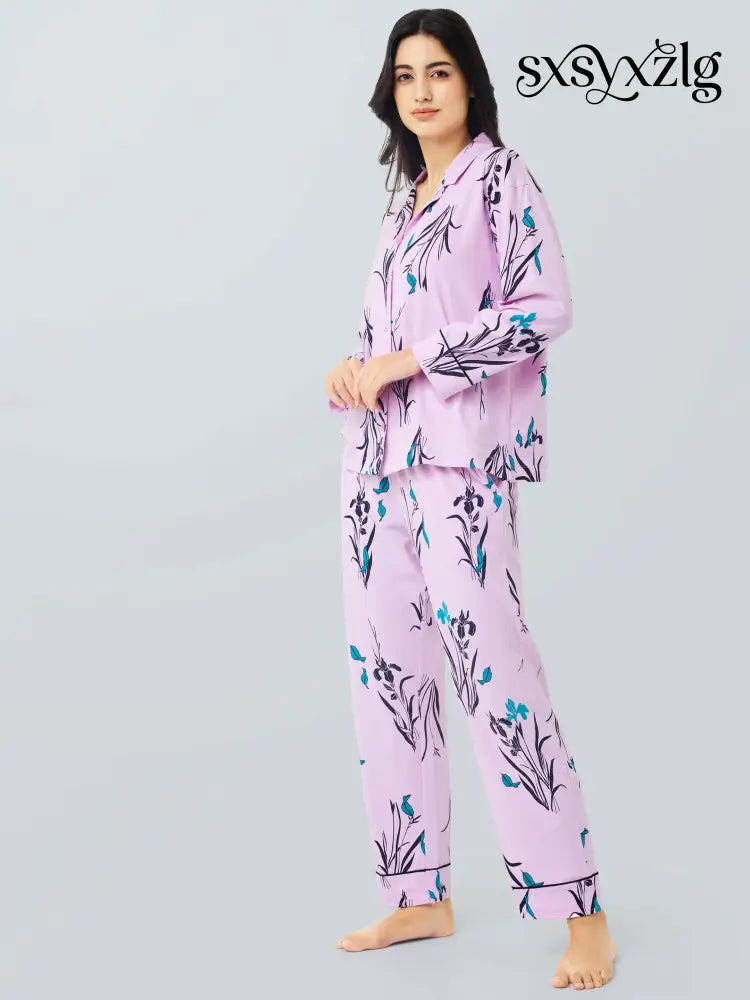 Orchids Cotton Knits Collared PJ Set - Collar Pajama