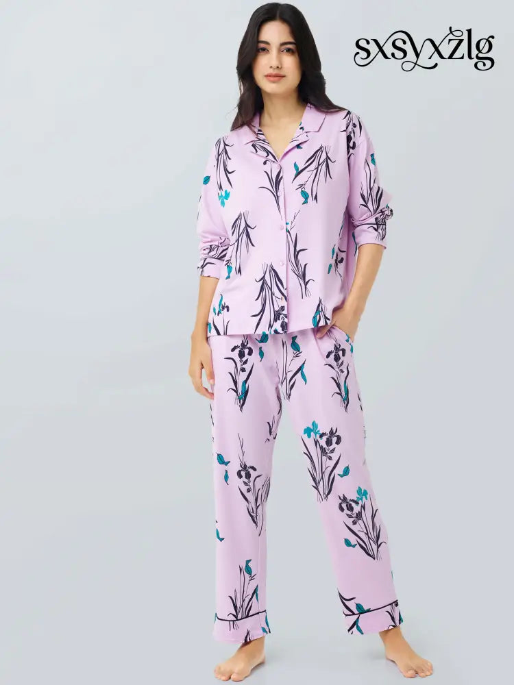 Orchids Cotton Knits Collared PJ Set - Collar Pajama
