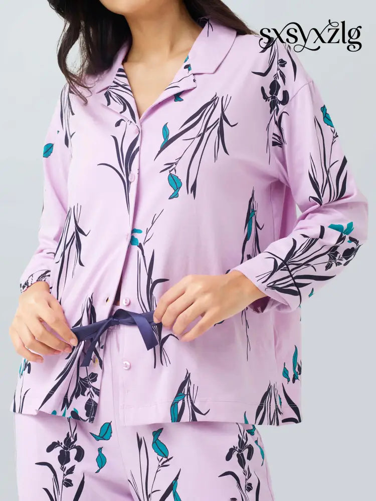 Orchids Cotton Knits Collared PJ Set - Collar Pajama
