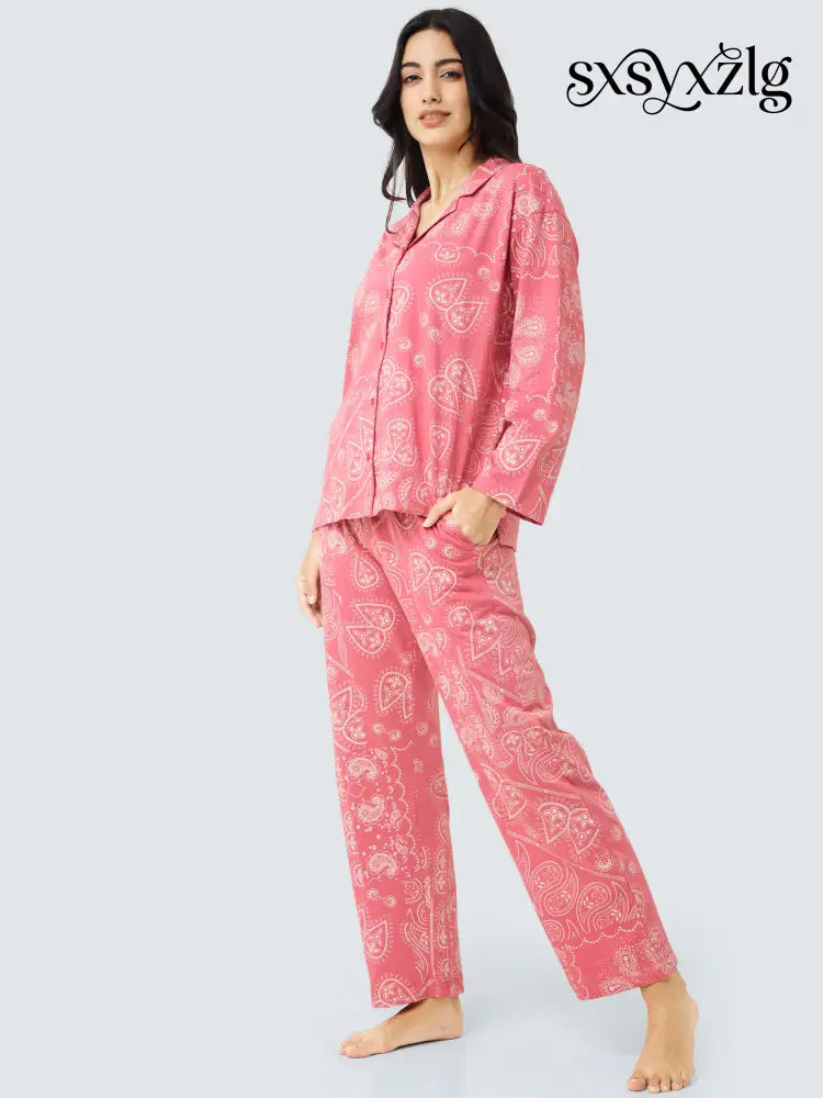 Paisley Cotton Knits Collared PJ Set - Collar Pajama