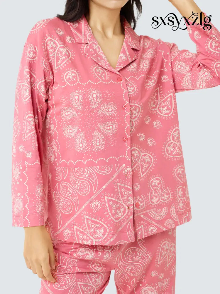 Paisley Cotton Knits Collared PJ Set - Collar Pajama