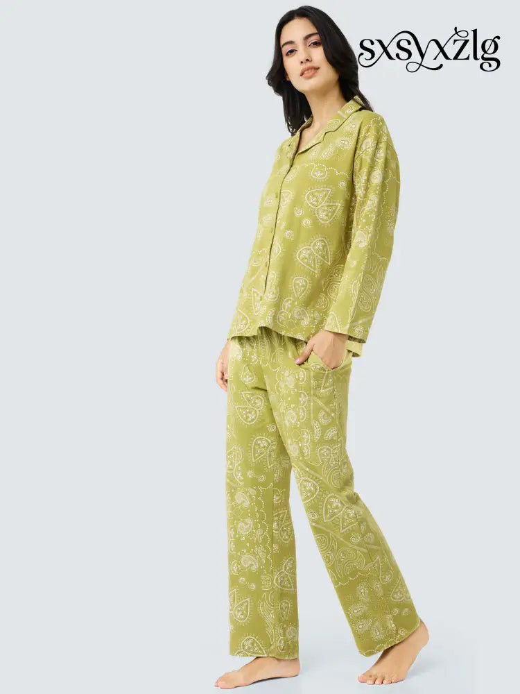 Paisley Cotton Knits Collared PJ Set - Collar Pajama