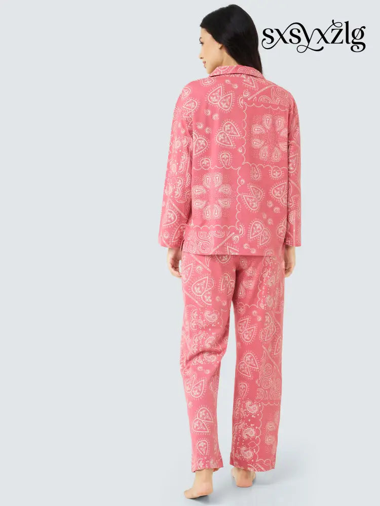 Paisley Cotton Knits Collared PJ Set - Collar Pajama