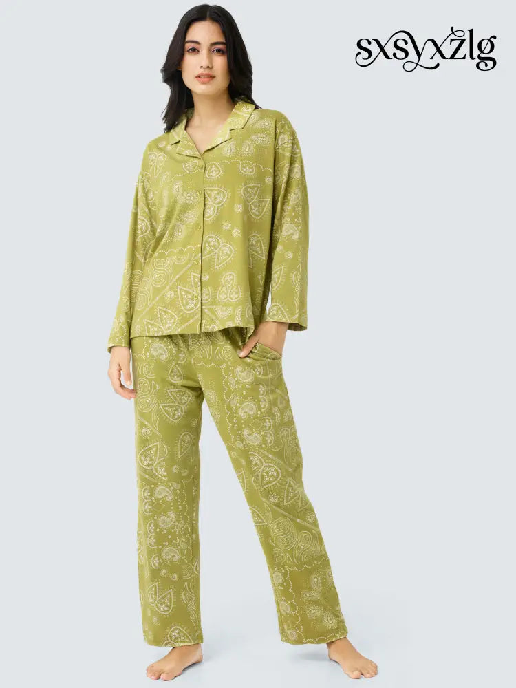 Paisley Cotton Knits Collared PJ Set - Collar Pajama