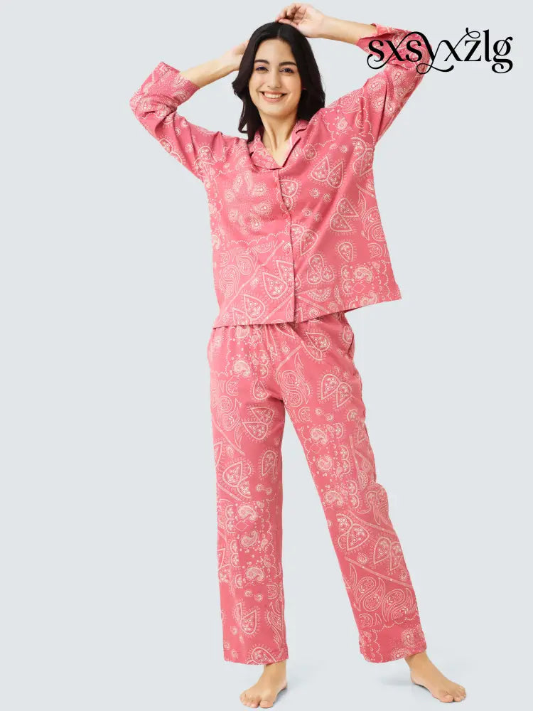 Paisley Cotton Knits Collared PJ Set - Collar Pajama