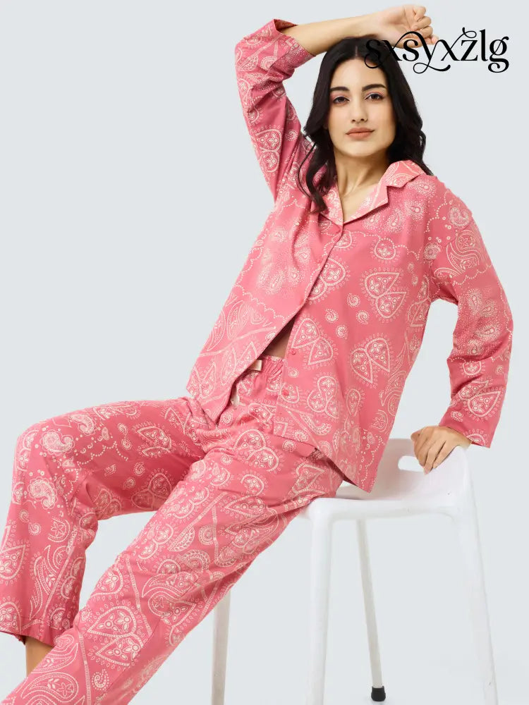 Paisley Cotton Knits Collared PJ Set - Collar Pajama