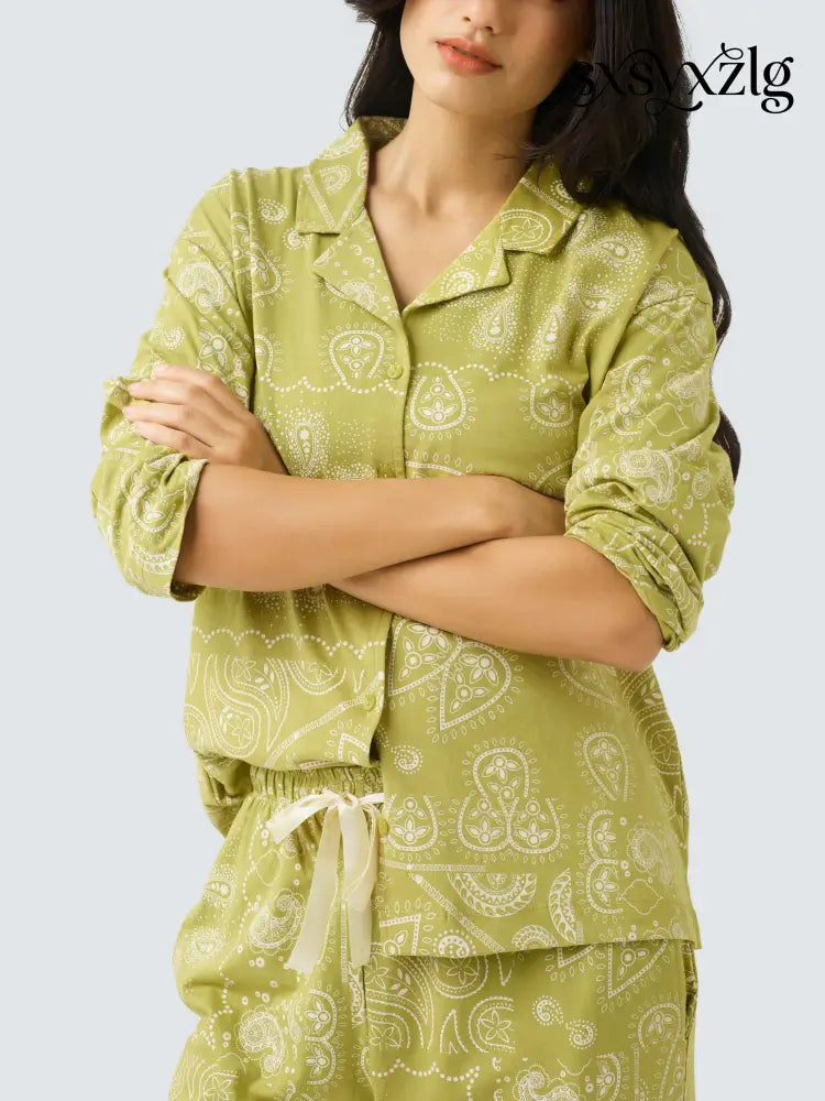 Paisley Cotton Knits Collared PJ Set - Collar Pajama