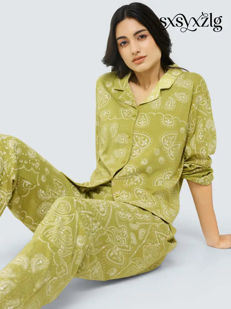 Paisley Cotton Knits Collared PJ Set - Collar Pajama
