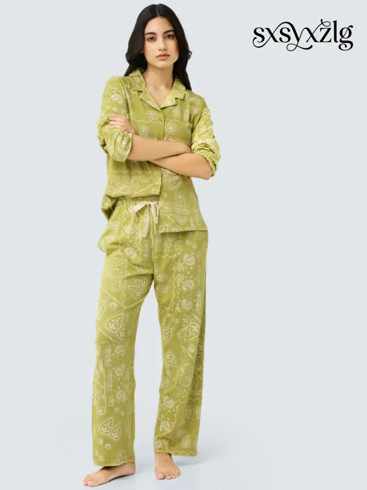 Paisley Cotton Knits Collared PJ Set - Collar Pajama