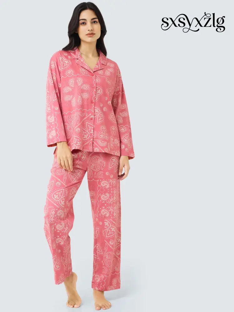 Paisley Cotton Knits Collared PJ Set - Collar Pajama