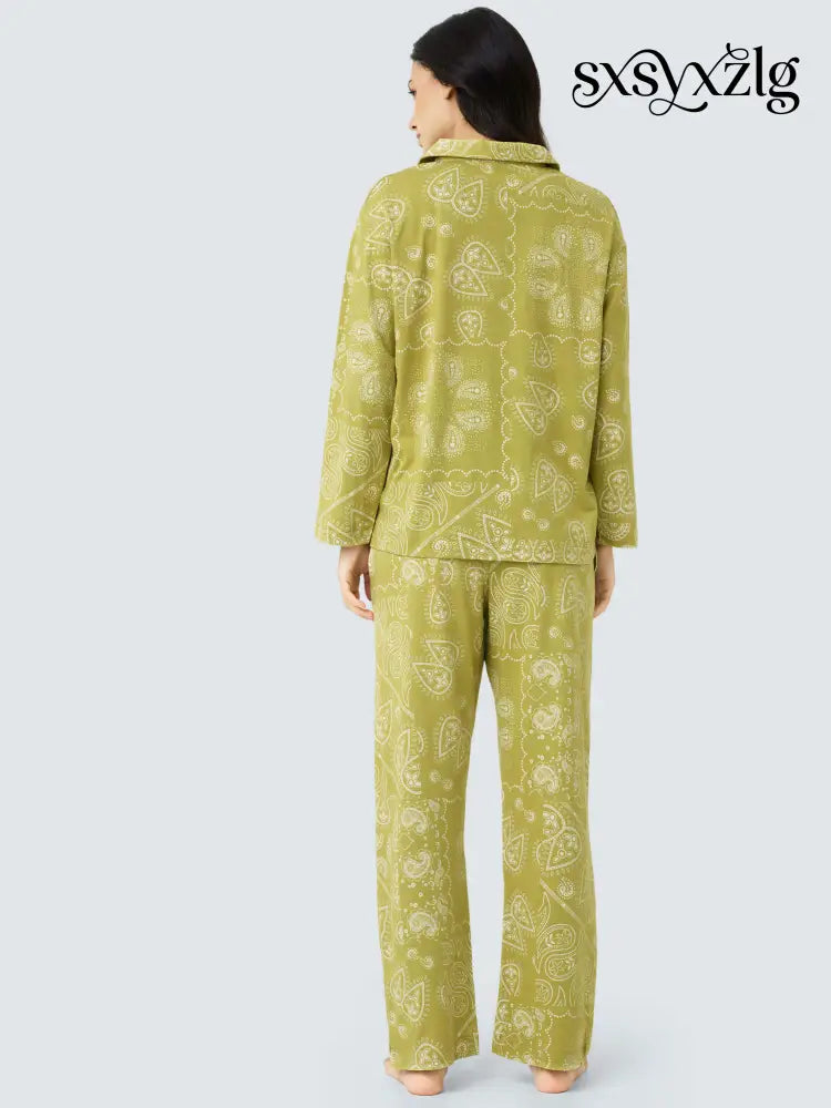 Paisley Cotton Knits Collared PJ Set - Collar Pajama