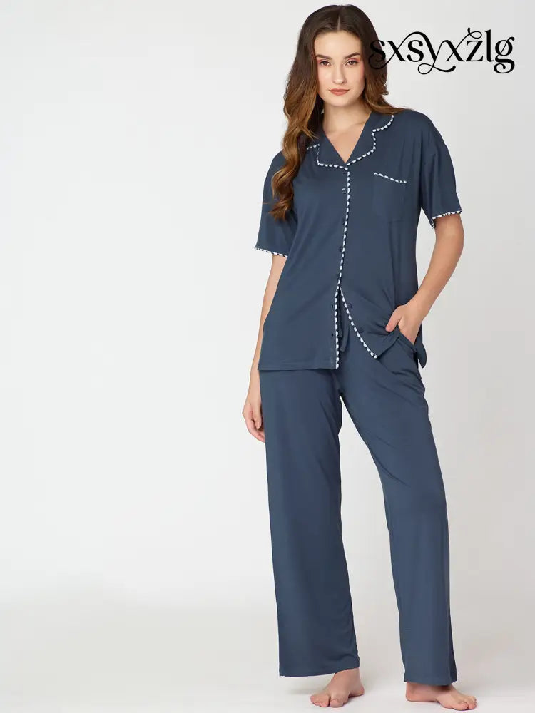 Womens Modal Night Suit Blue Solid Plain Shirt & Pajama - Collar Pajama