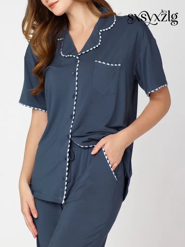 Womens Modal Night Suit Blue Solid Plain Shirt & Pajama - Collar Pajama