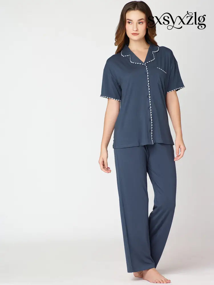 Womens Modal Night Suit Blue Solid Plain Shirt & Pajama - Collar Pajama