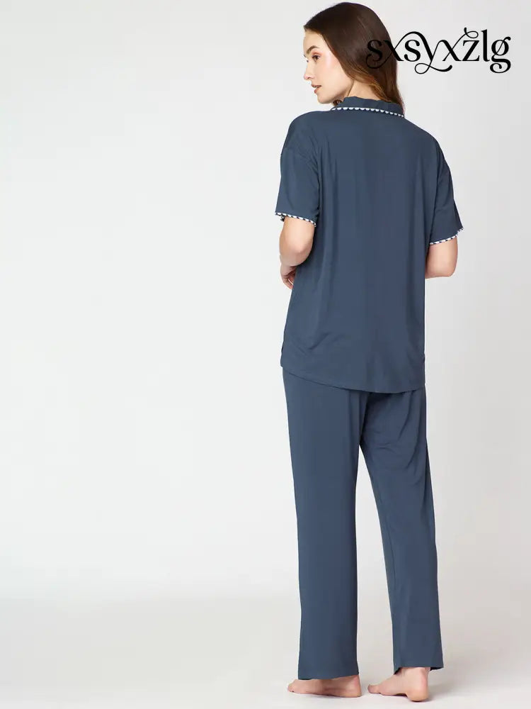 Womens Modal Night Suit Blue Solid Plain Shirt & Pajama - Collar Pajama