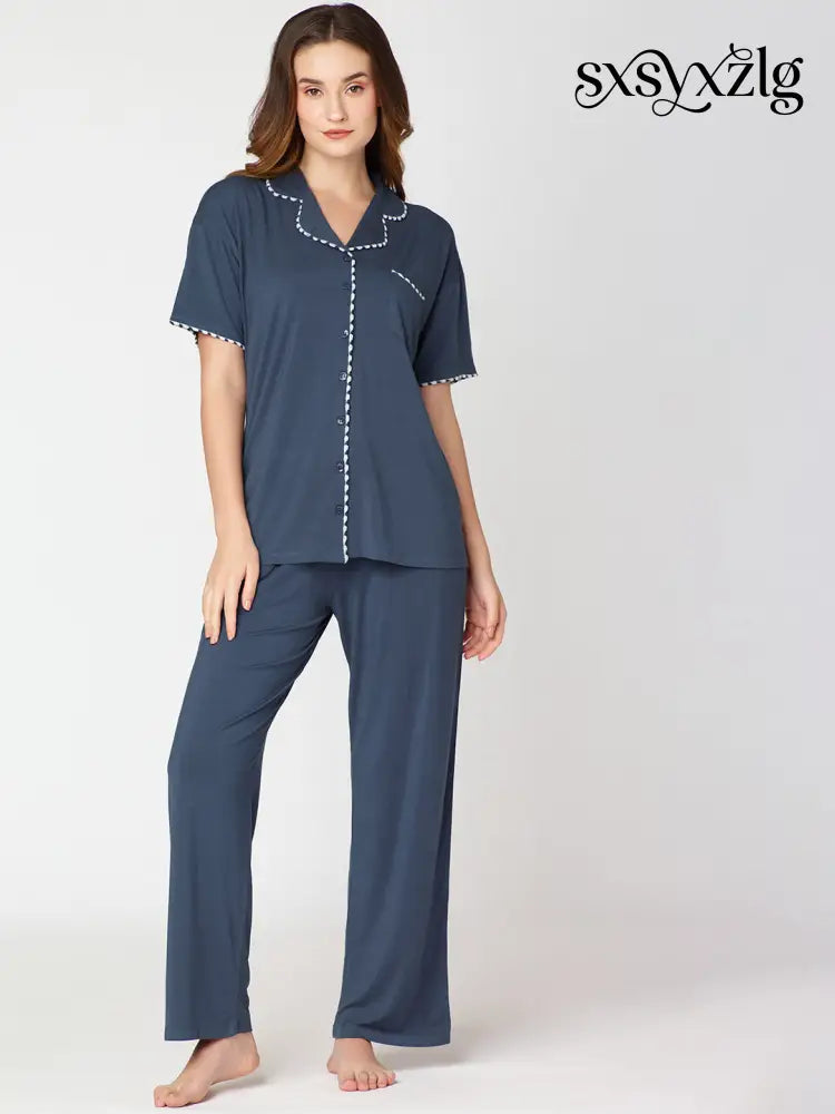 Womens Modal Night Suit Blue Solid Plain Shirt & Pajama - Collar Pajama