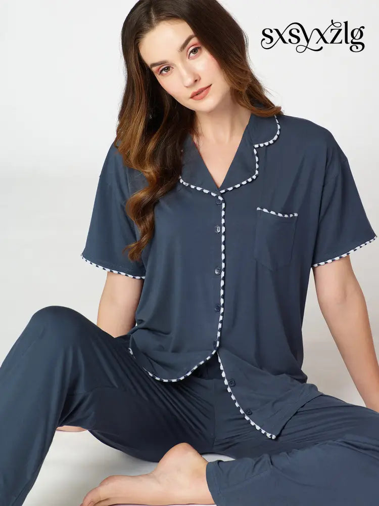 Womens Modal Night Suit Blue Solid Plain Shirt & Pajama - Collar Pajama