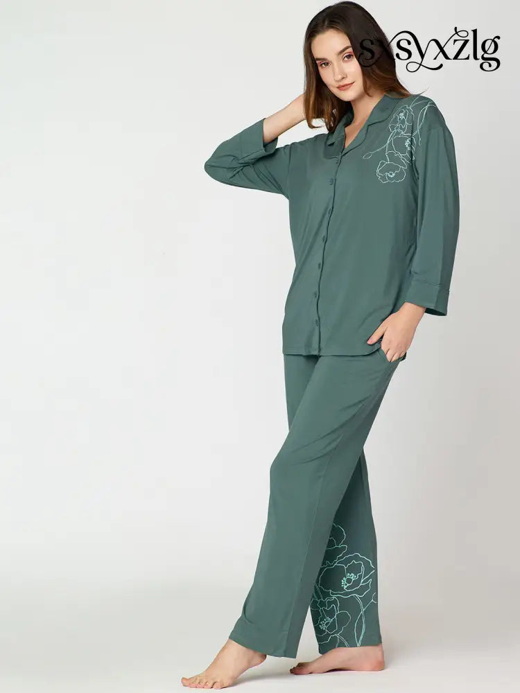 Womens Modal Night Suit Green Floral Printed Shirt & Pajama - Collar Pajama