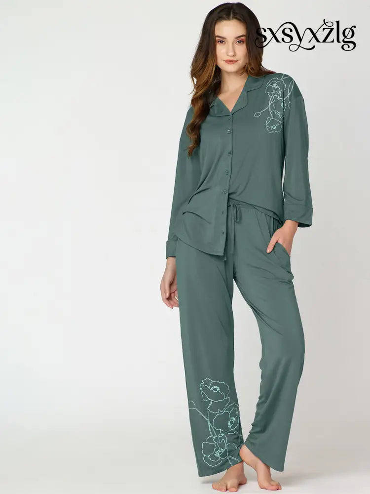 Womens Modal Night Suit Green Floral Printed Shirt & Pajama - Collar Pajama