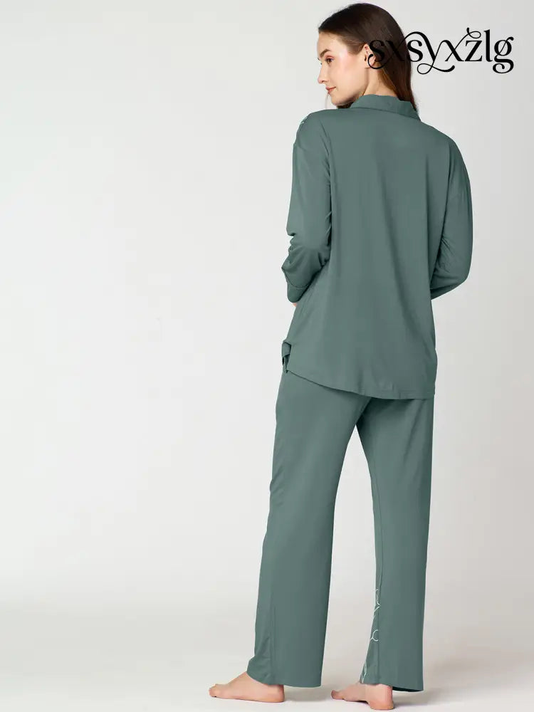 Womens Modal Night Suit Green Floral Printed Shirt & Pajama - Collar Pajama
