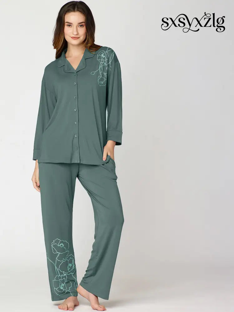 Womens Modal Night Suit Green Floral Printed Shirt & Pajama - Collar Pajama