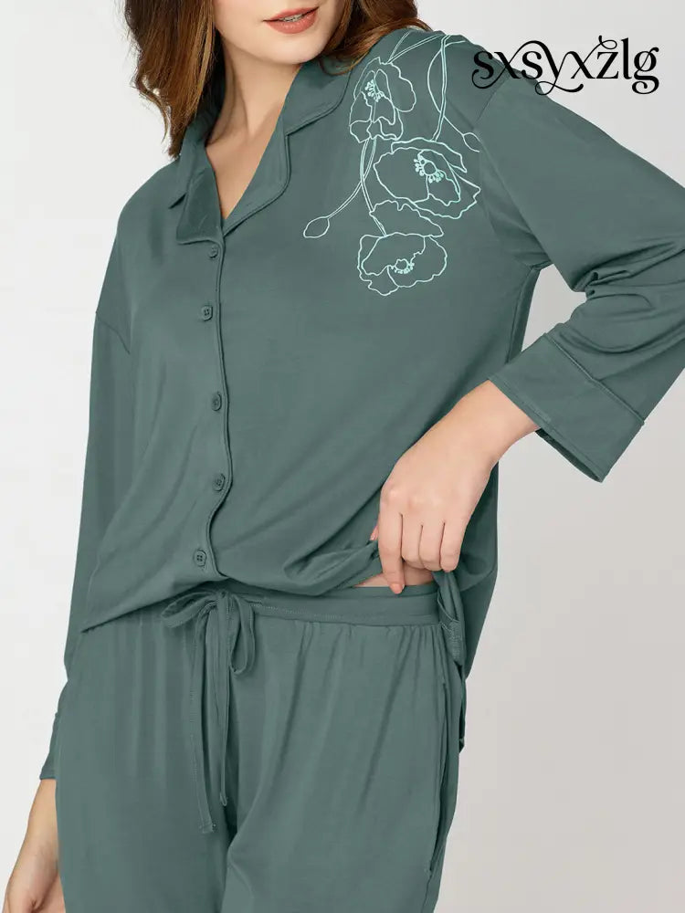 Womens Modal Night Suit Green Floral Printed Shirt & Pajama - Collar Pajama