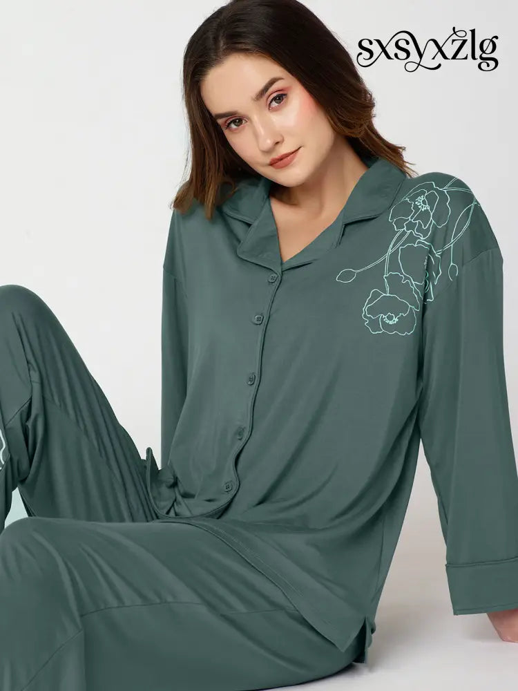 Womens Modal Night Suit Green Floral Printed Shirt & Pajama - Collar Pajama
