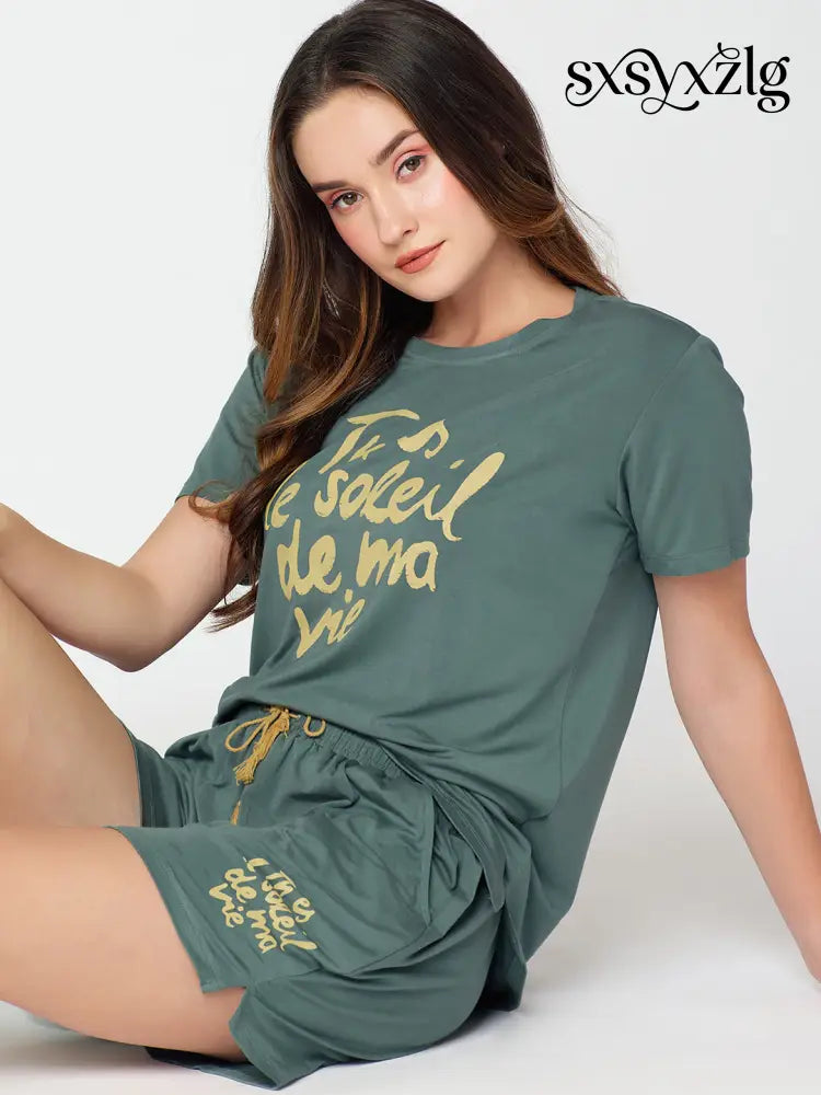 Womens Modal Night Suit Green Printed Top & Short - Short Set