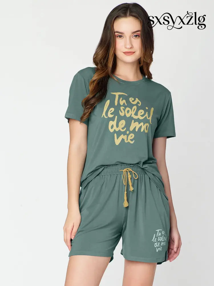 Womens Modal Night Suit Green Printed Top & Short - Short Set