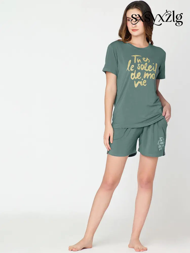 Womens Modal Night Suit Green Printed Top & Short - Short Set