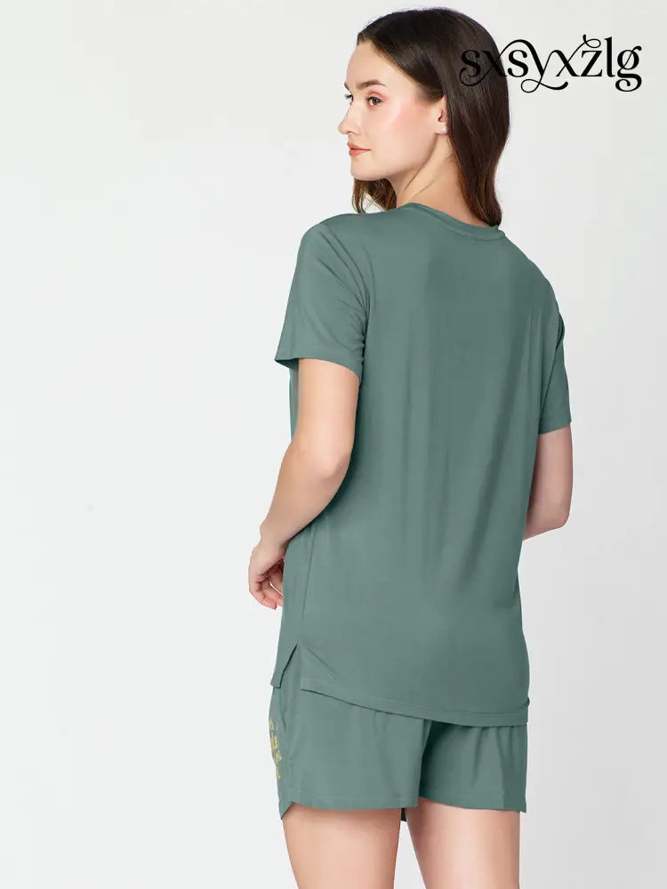 Womens Modal Night Suit Green Printed Top & Short - Short Set