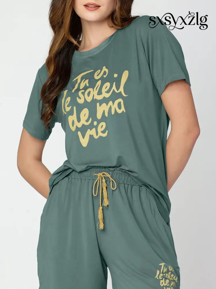Womens Modal Night Suit Green Printed Top & Short - Short Set
