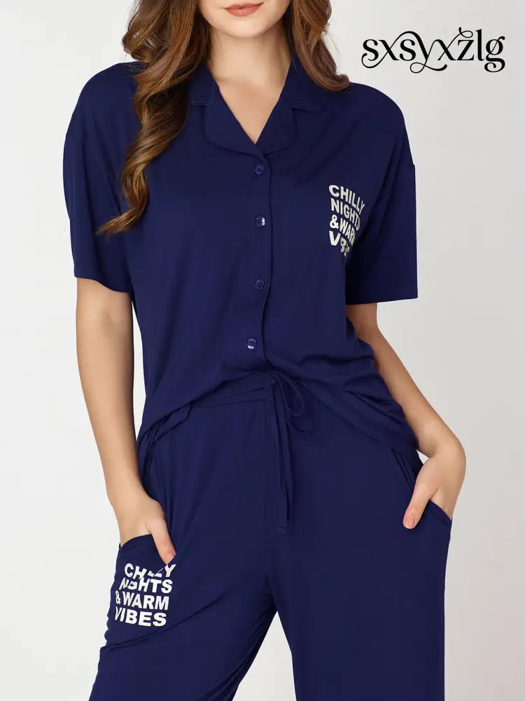 Womens Modal Night Suit Navy Blue Back Printed Shirt & Pajama - Collar Pajama