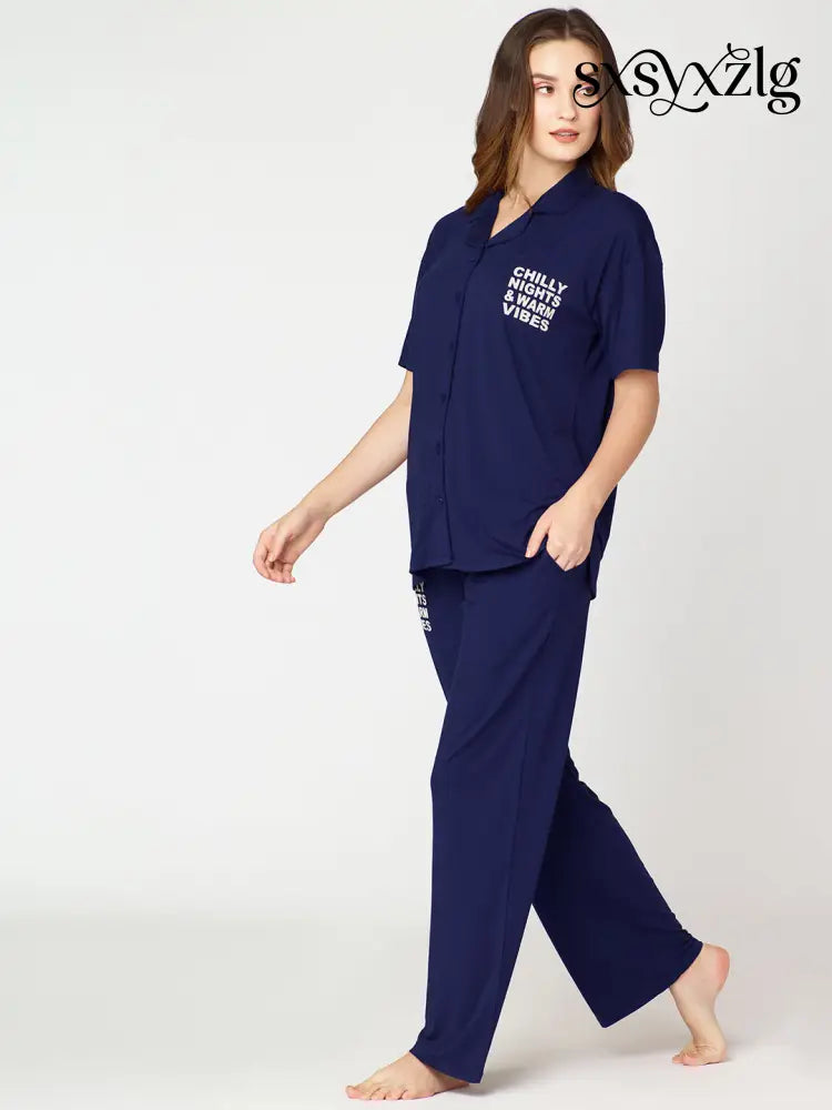 Womens Modal Night Suit Navy Blue Back Printed Shirt & Pajama - Collar Pajama