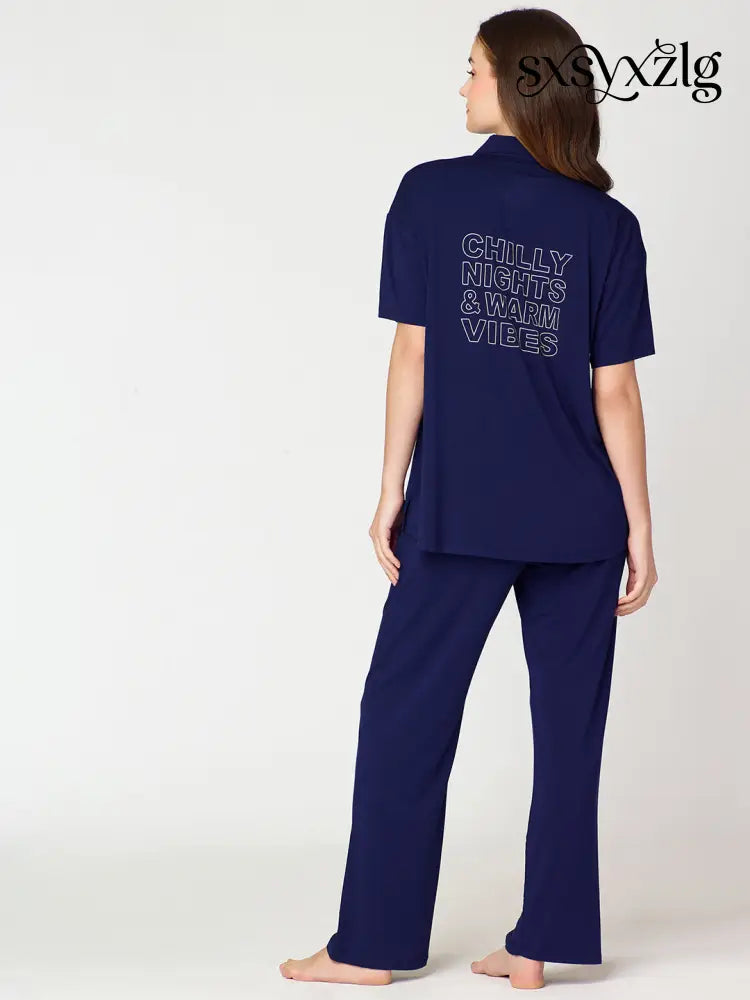 Womens Modal Night Suit Navy Blue Back Printed Shirt & Pajama - Collar Pajama