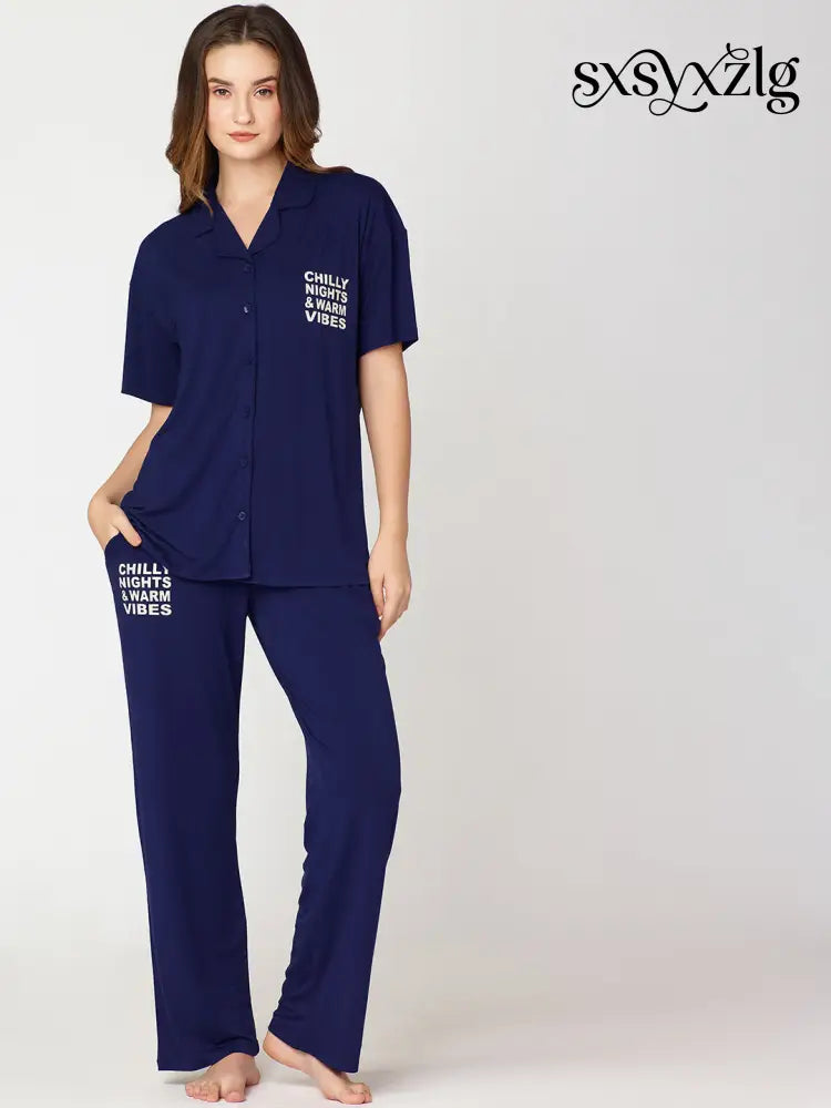 Womens Modal Night Suit Navy Blue Back Printed Shirt & Pajama - Collar Pajama