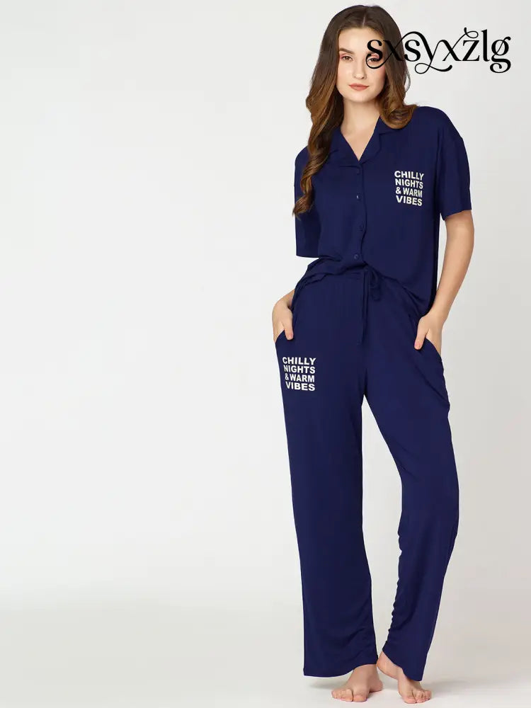 Womens Modal Night Suit Navy Blue Back Printed Shirt & Pajama - Collar Pajama